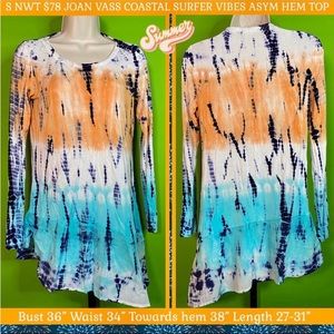 S NWT $78 KNIT TOP JOAN VASS "MONACO" COASTAL VIBES PASTELS TIE DYE ASYM HEM